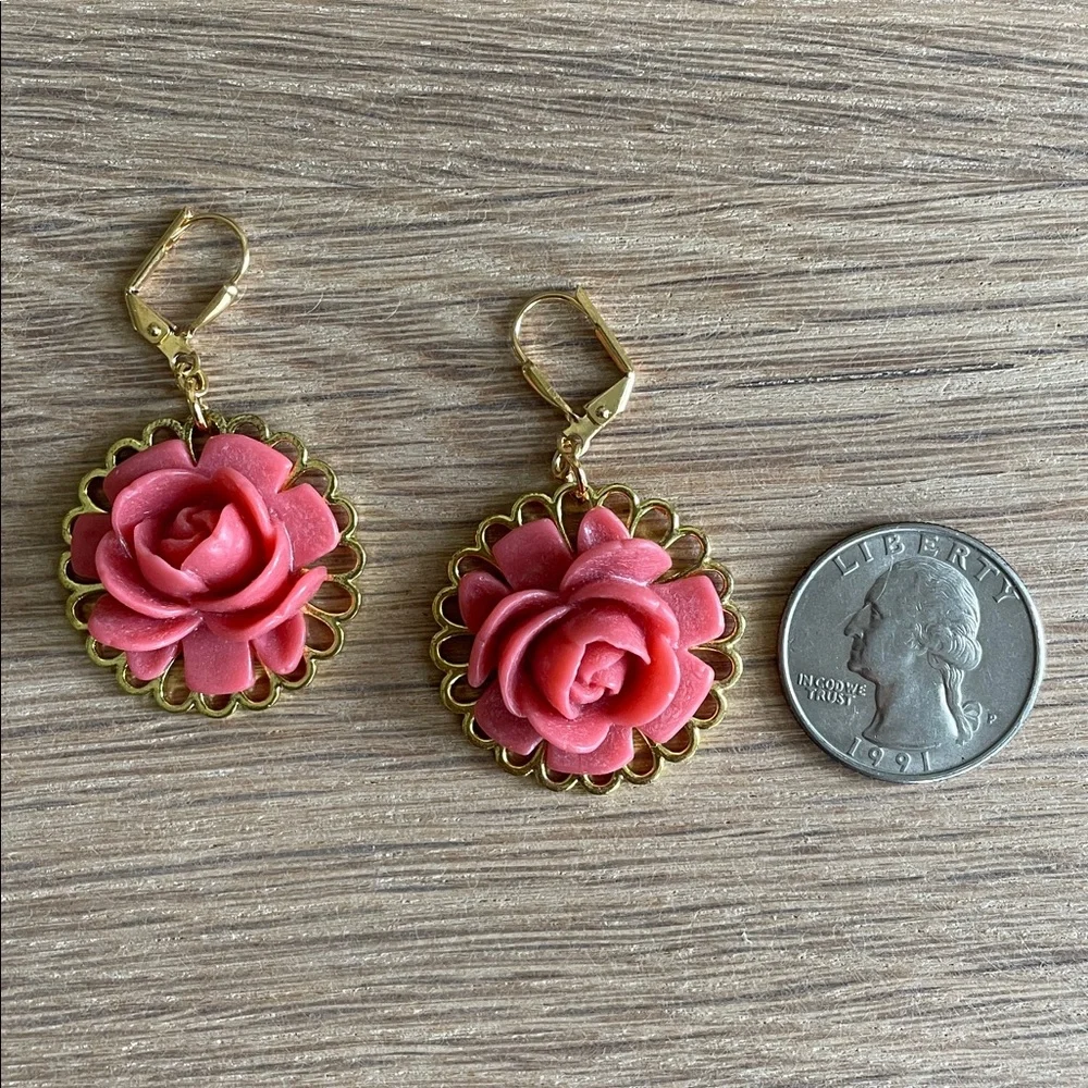 HAND CRAFTED PINK ROSE EARRINGS Acrylic Floral Components Pink Gold